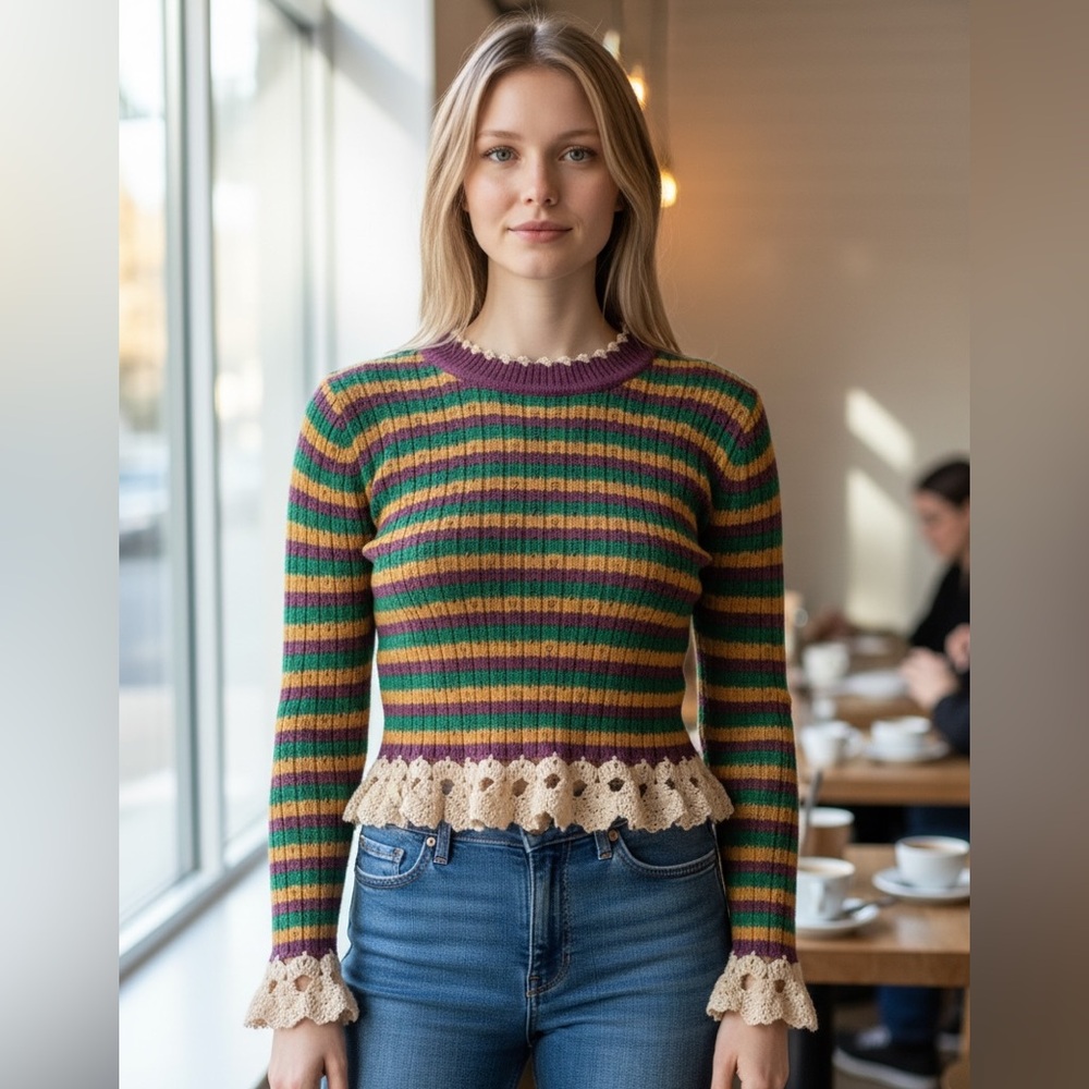 SO ME Mardi Gras Striped Cropped Knit Top with Crochet Edge